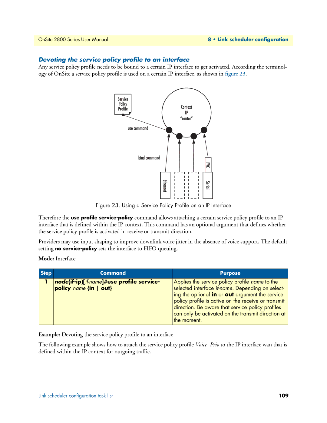 Patton electronic 2800 Devoting the service policy profile to an interface, Nodeif-ip if-name#use profile service 