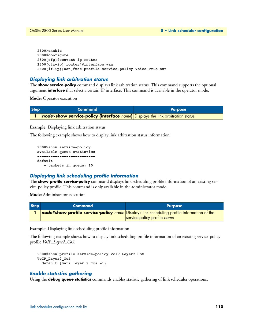 Patton electronic 2800 user manual Displaying link arbitration status, Displaying link scheduling profile information 