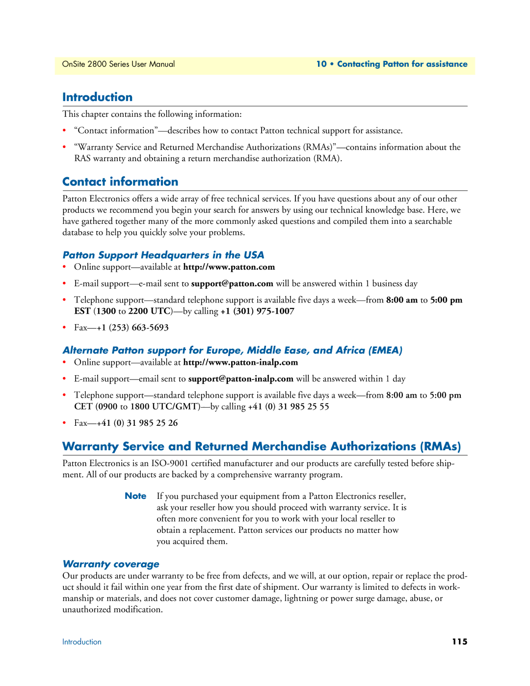 Patton electronic 2800 user manual Contact information, Patton Support Headquarters in the USA, Warranty coverage 