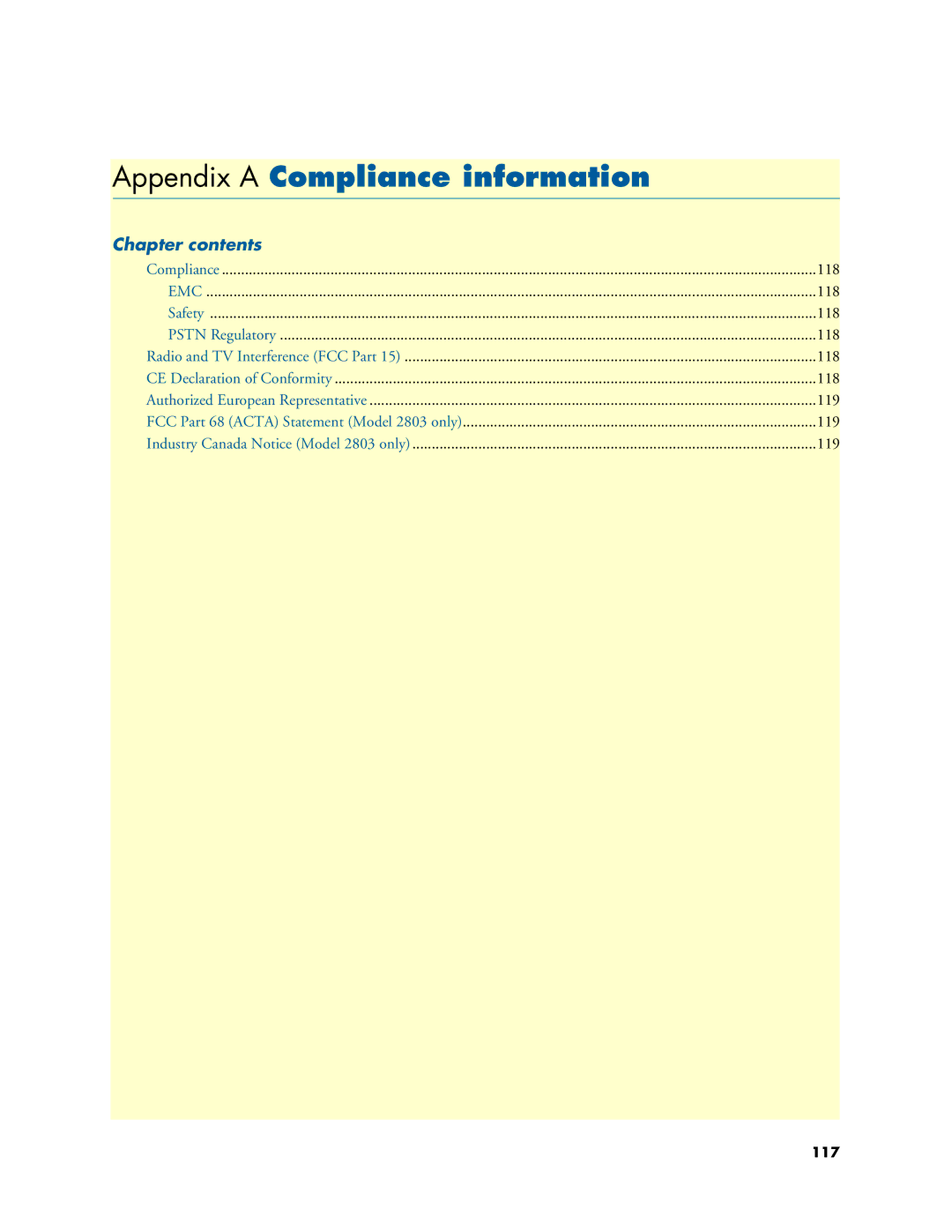 Patton electronic 2800 user manual Appendix a Compliance information, Chapter contents 