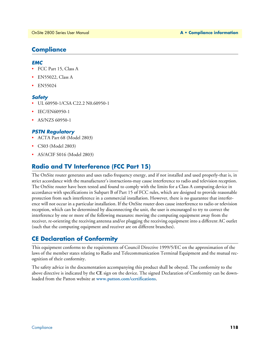 Patton electronic 2800 user manual Compliance, Radio and TV Interference FCC Part, CE Declaration of Conformity, Safety 