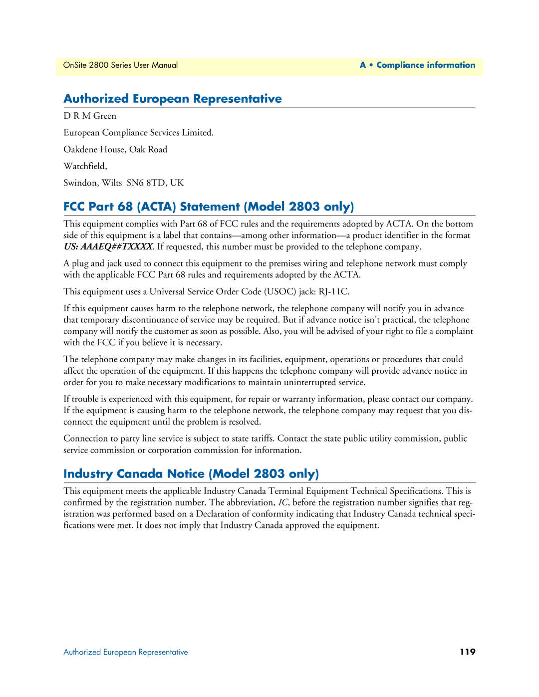 Patton electronic 2800 user manual Authorized European Representative, FCC Part 68 Acta Statement Model 2803 only 