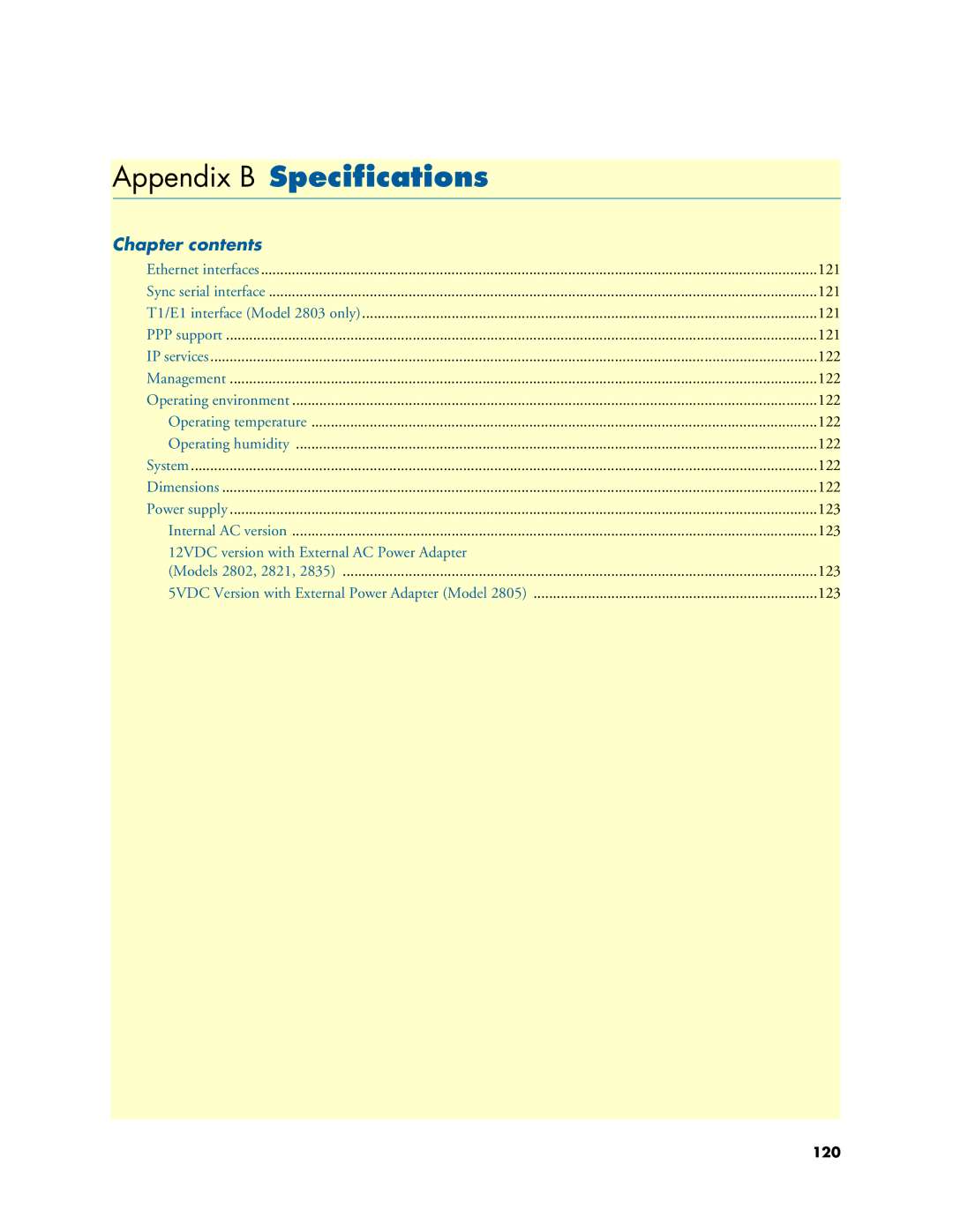 Patton electronic 2800 user manual Appendix B Specifications, Chapter contents 