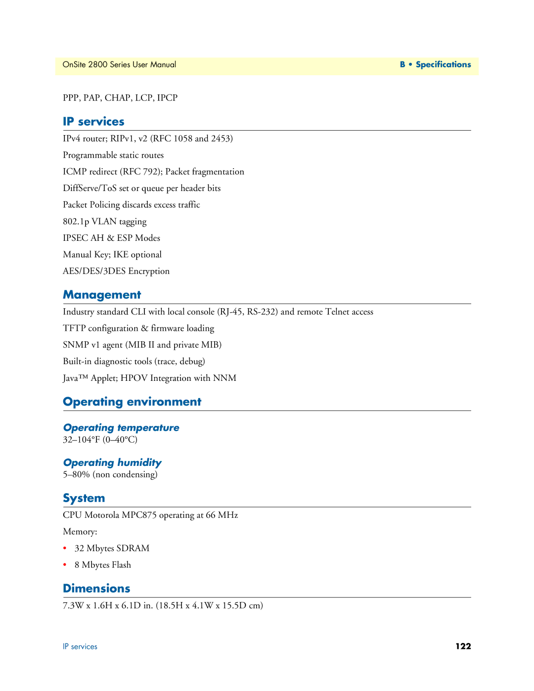 Patton electronic 2800 user manual IP services, Management, Operating environment, System, Dimensions 