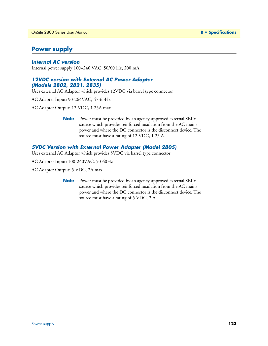 Patton electronic 2800 user manual Power supply, Internal AC version, Internal power supply 100-240 VAC, 50/60 Hz, 200 mA 