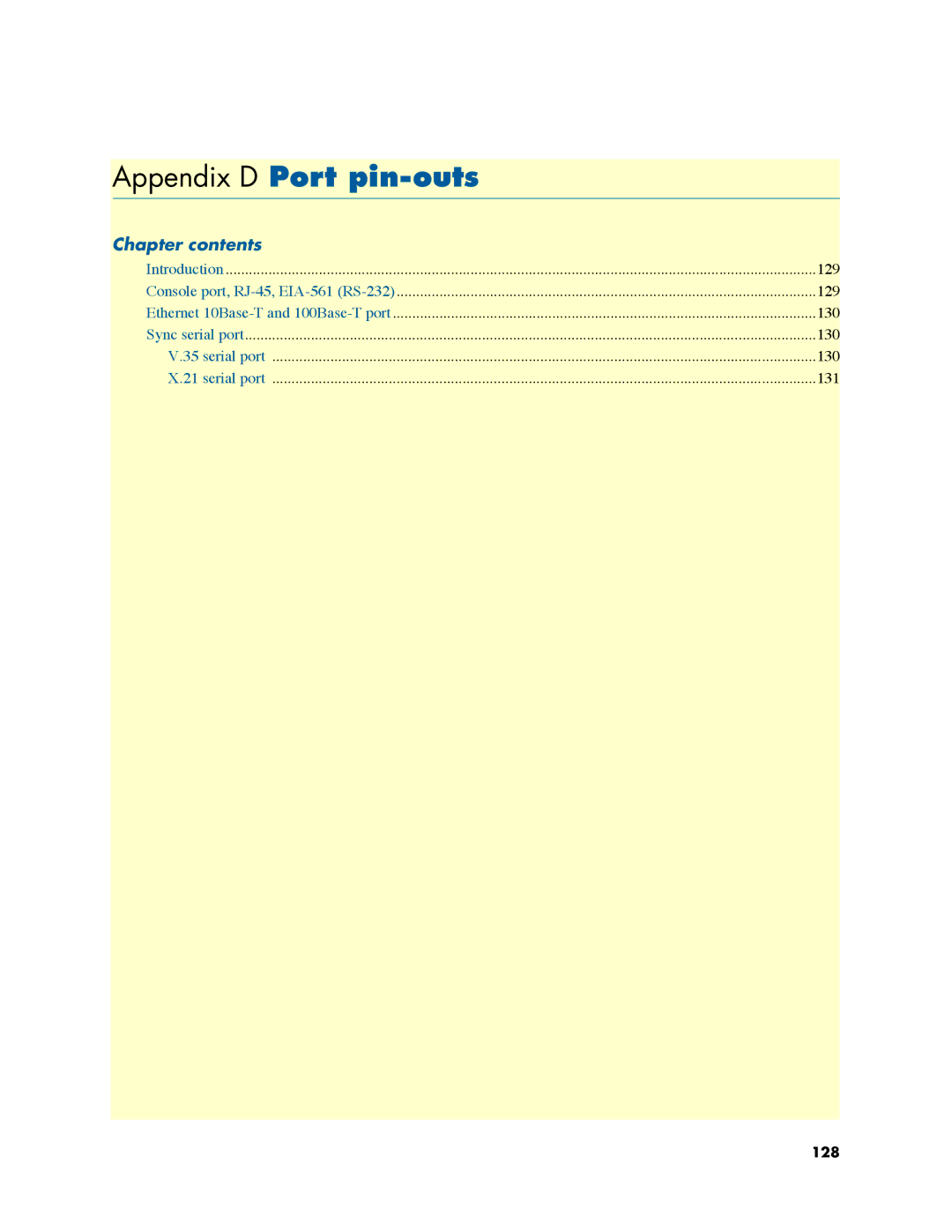 Patton electronic 2800 user manual Appendix D Port pin-outs, Chapter contents 