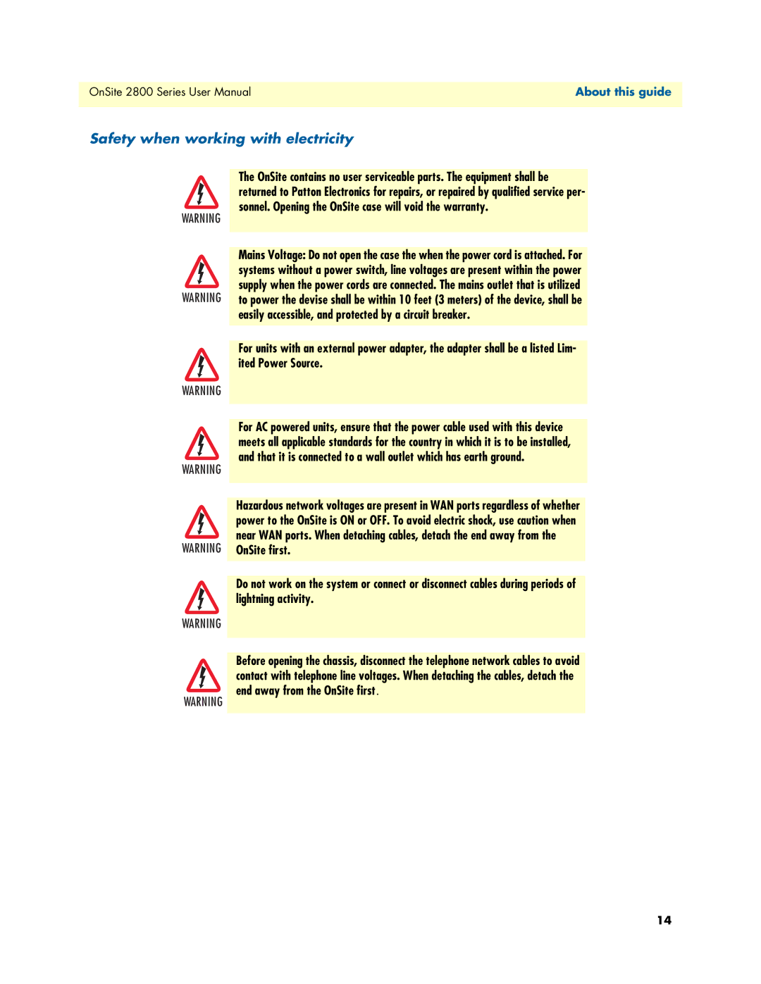 Patton electronic 2800 user manual Safety when working with electricity 