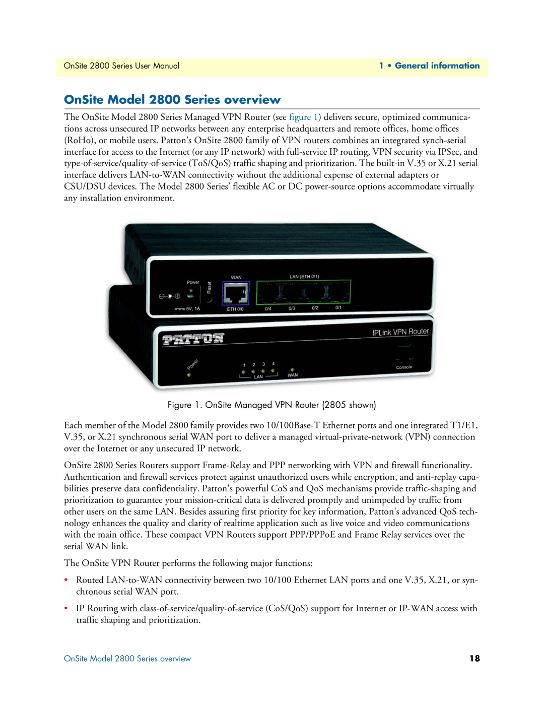 Patton electronic user manual OnSite Model 2800 Series overview, OnSite Managed VPN Router 2805 shown 