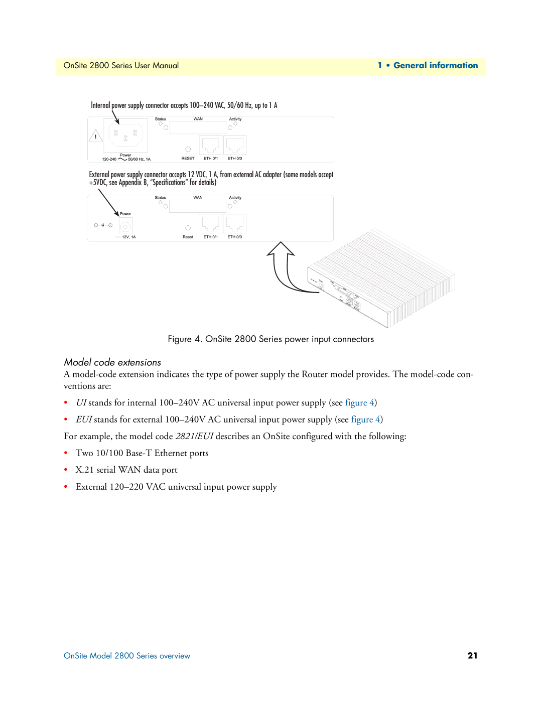 Patton electronic user manual Model code extensions, OnSite 2800 Series power input connectors 