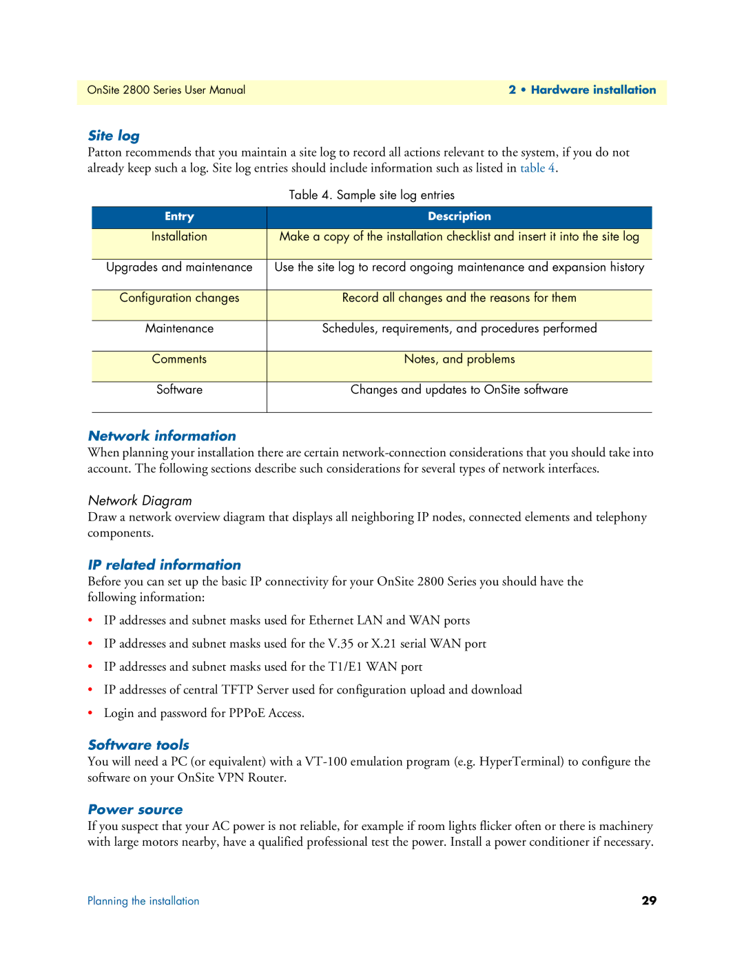 Patton electronic 2800 user manual Site log, Network information, IP related information, Software tools, Power source 