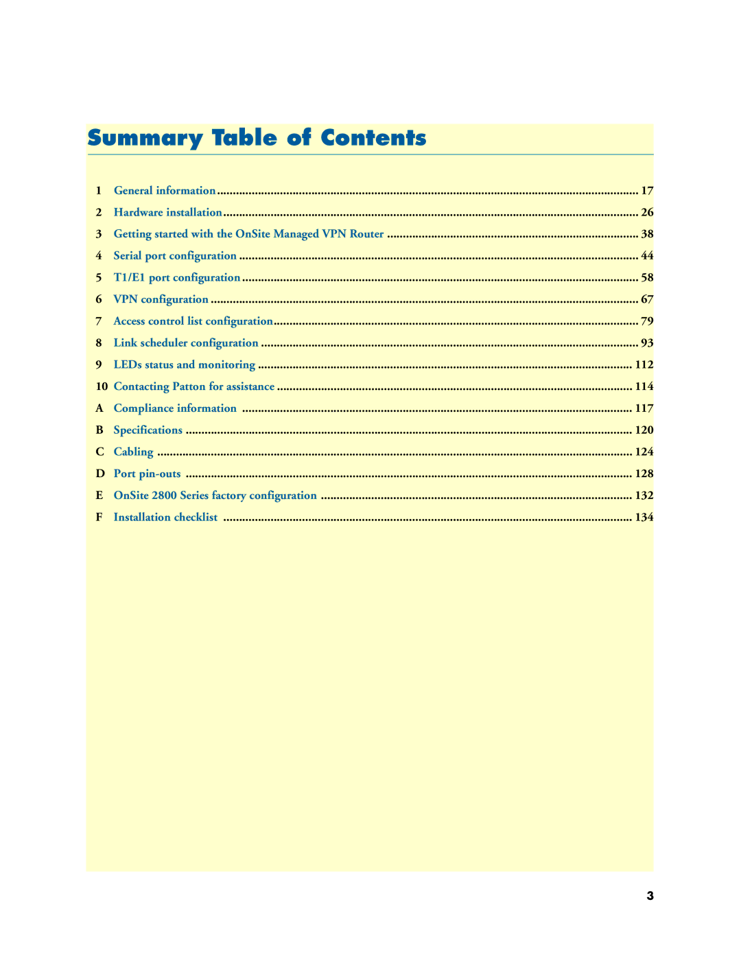 Patton electronic 2800 user manual Summary Table of Contents 