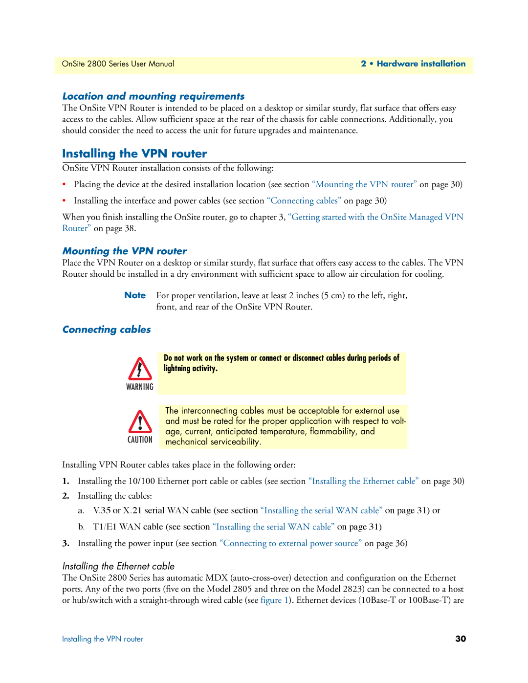 Patton electronic 2800 user manual Installing the VPN router, Location and mounting requirements, Mounting the VPN router 