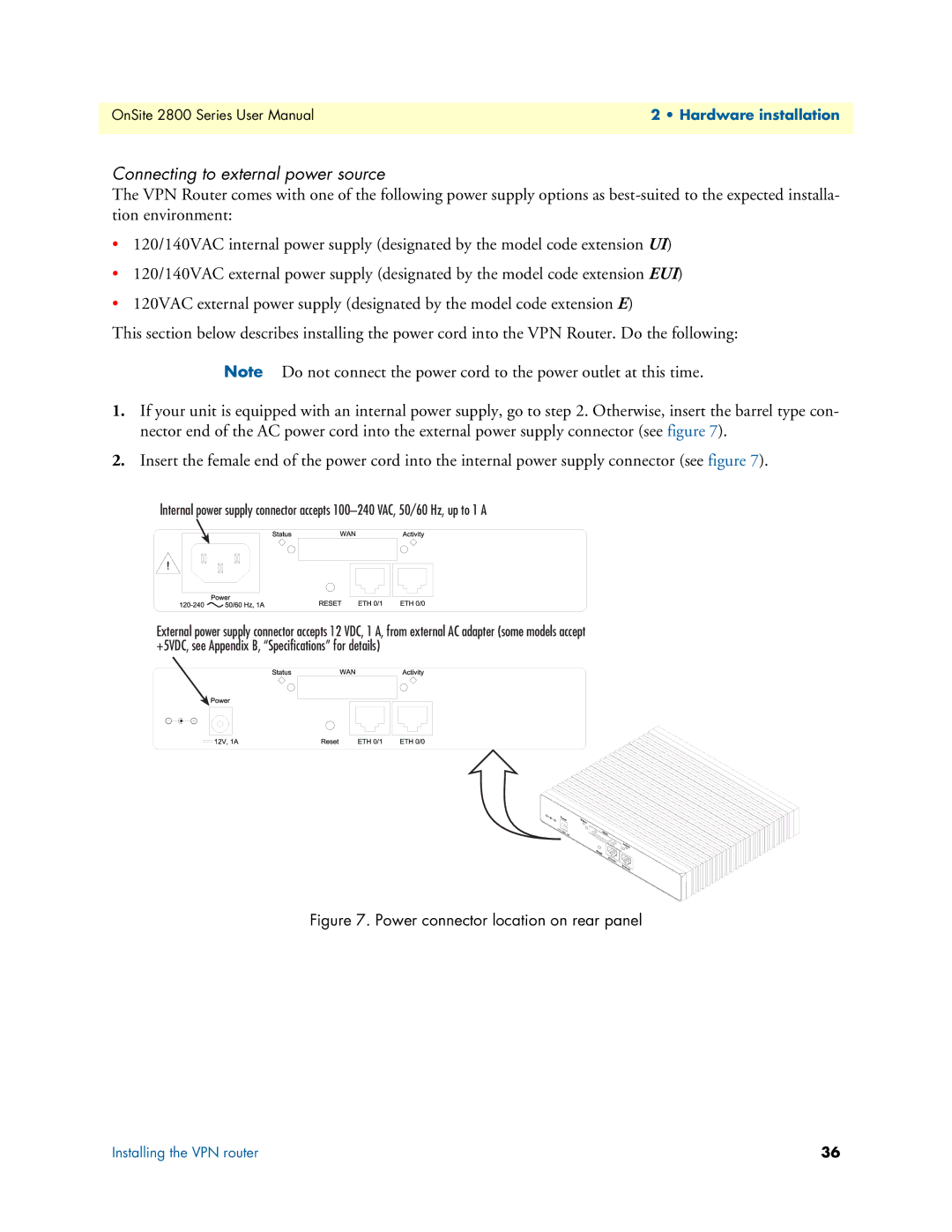 Patton electronic 2800 user manual Connecting to external power source, Power connector location on rear panel 