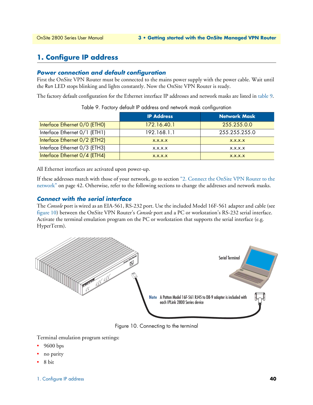 Patton electronic 2800 Configure IP address, Power connection and default configuration, Connect with the serial interface 