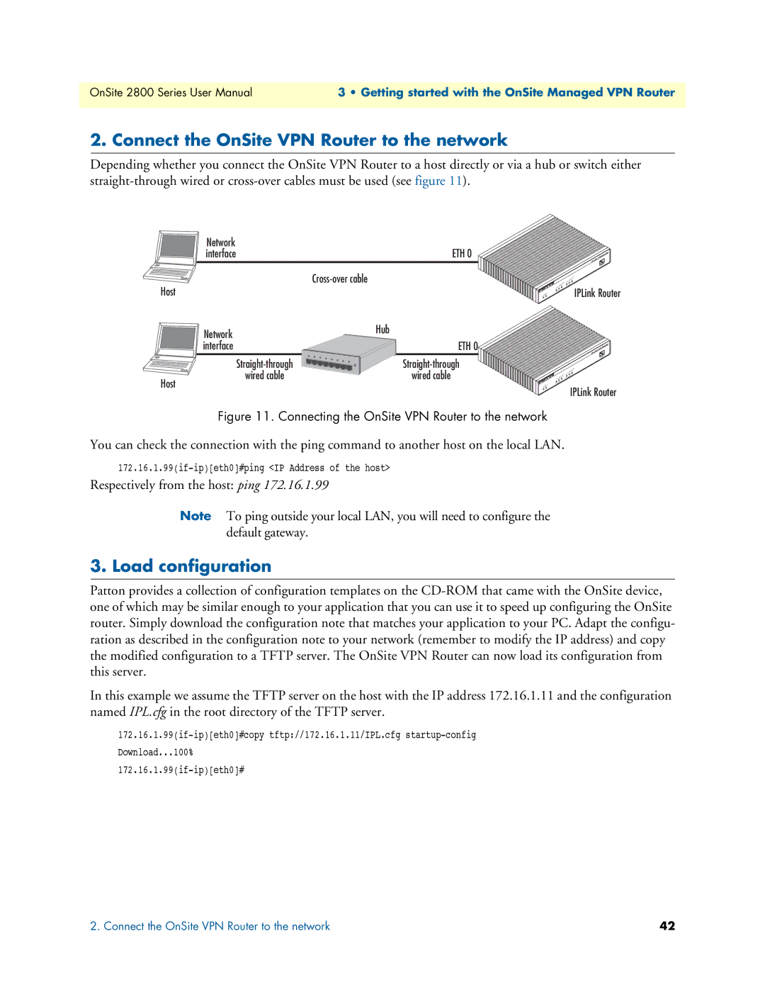 Patton electronic 2800 Connect the OnSite VPN Router to the network, Load configuration, Respectively from the host ping 