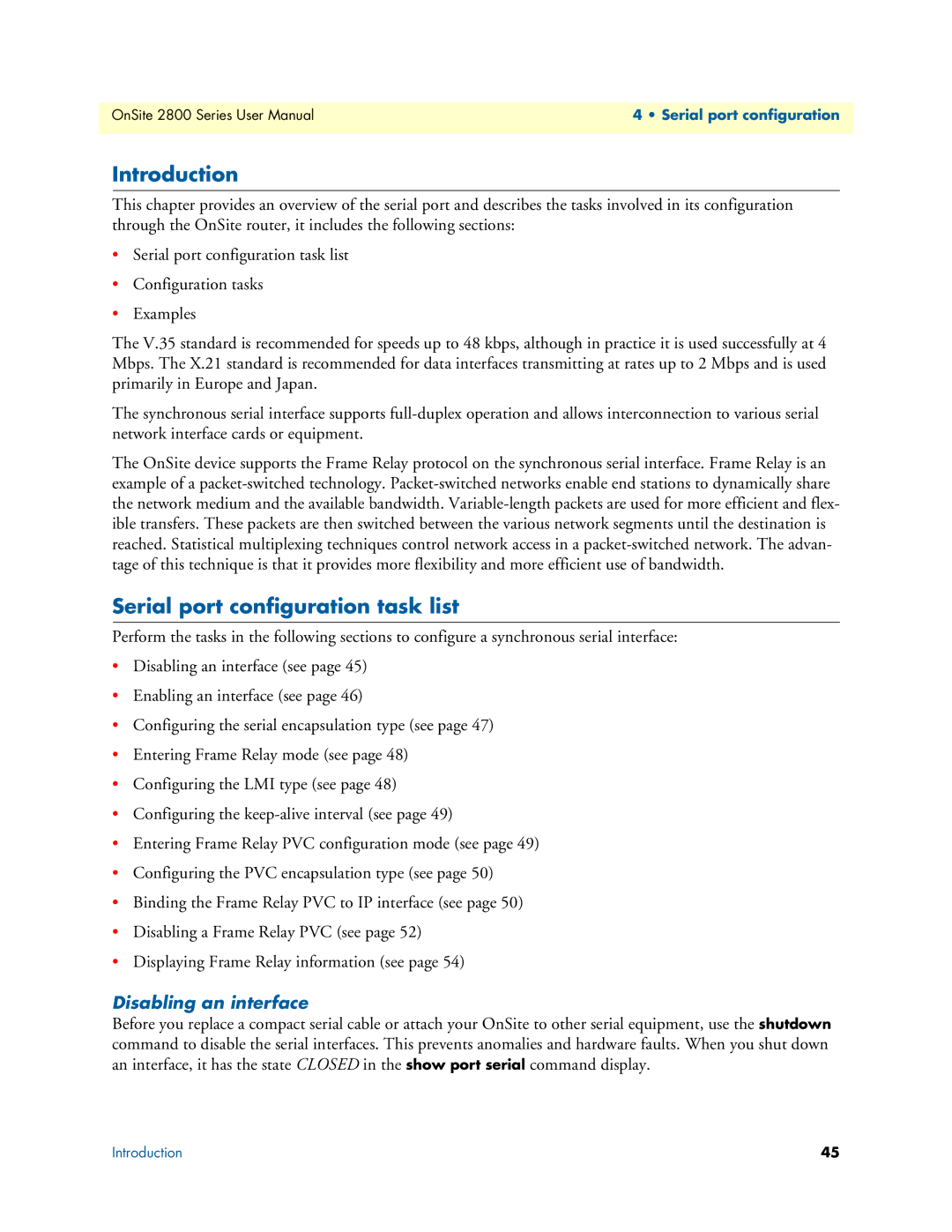 Patton electronic 2800 user manual Serial port configuration task list, Disabling an interface 