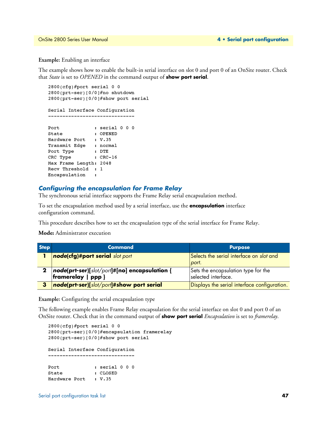 Patton electronic 2800 Configuring the encapsulation for Frame Relay, Example Configuring the serial encapsulation type 