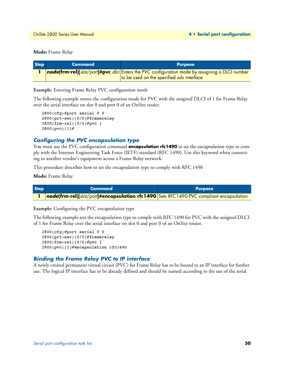 Patton electronic 2800 user manual Configuring the PVC encapsulation type, Binding the Frame Relay PVC to IP interface 