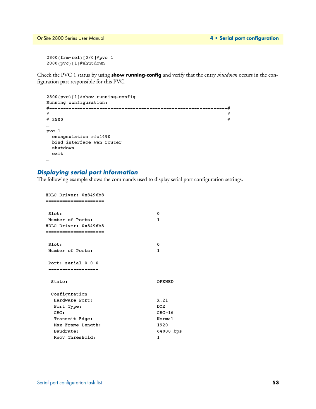 Patton electronic 2800 user manual Displaying serial port information, Crc 