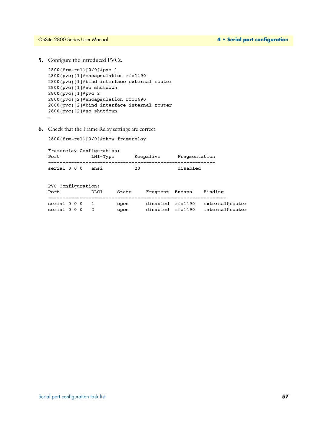 Patton electronic 2800 user manual Configure the introduced PVCs, Check that the Frame Relay settings are correct 