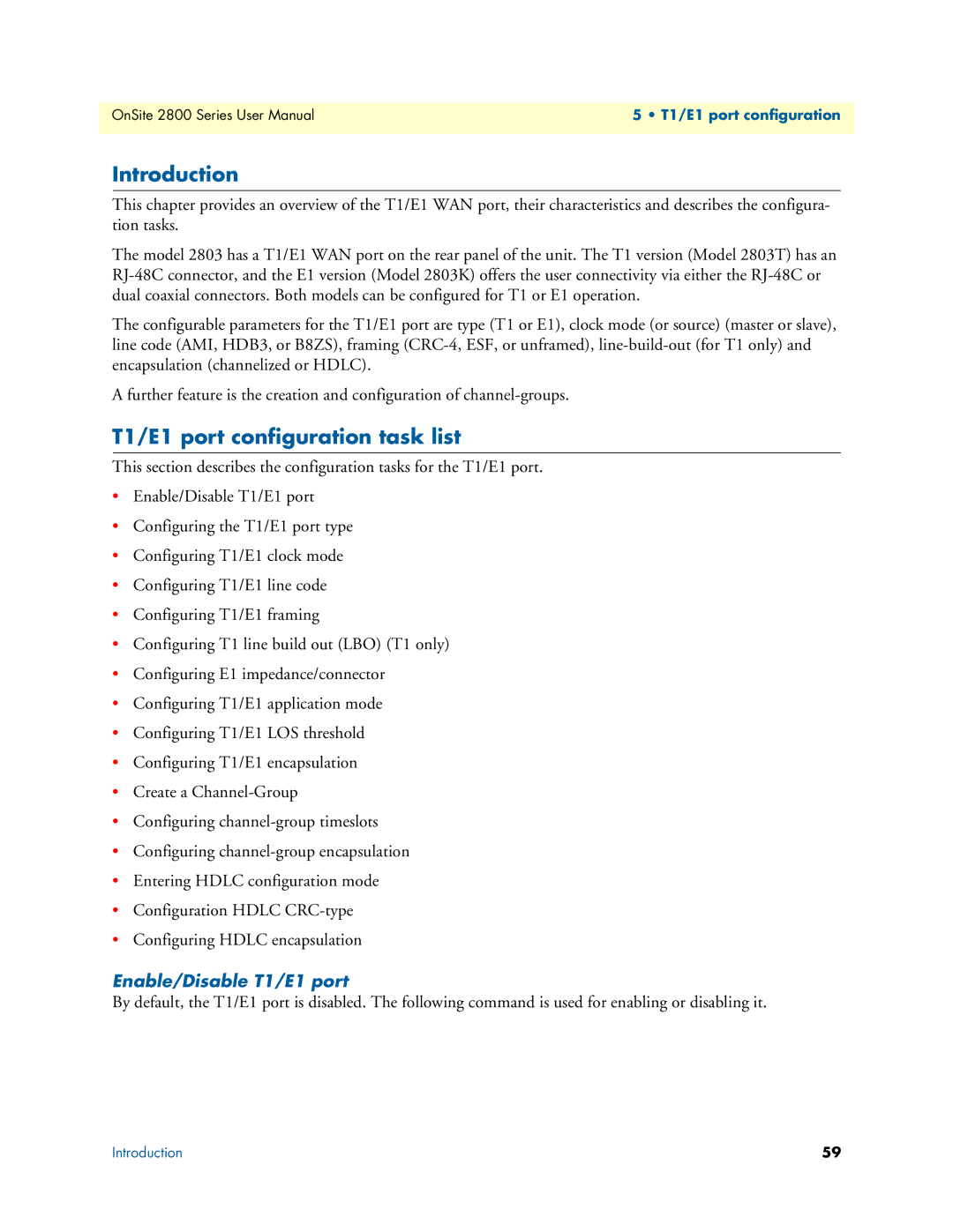 Patton electronic 2800 user manual T1/E1 port configuration task list, Enable/Disable T1/E1 port 