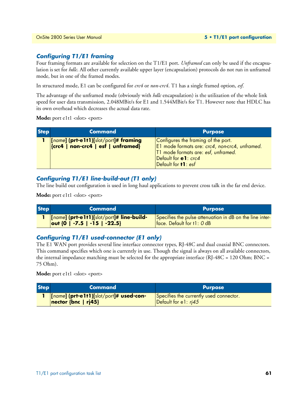 Patton electronic 2800 Configuring T1/E1 framing, Configuring T1/E1 line-build-out T1 only, Crc4 non-crc4 esf unframed 