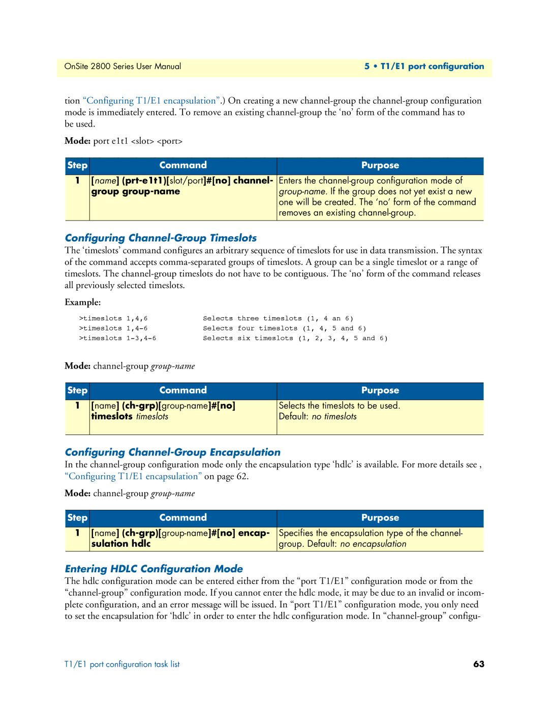 Patton electronic 2800 user manual Be used Mode port e1t1 slot port, Configuring Channel-Group Timeslots 