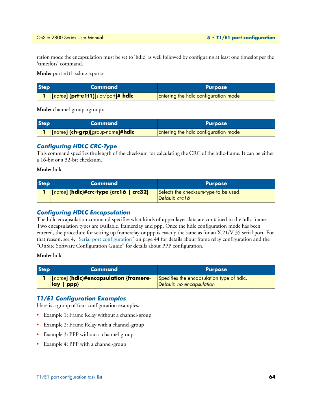 Patton electronic 2800 user manual Configuring Hdlc CRC-Type, Configuring Hdlc Encapsulation, T1/E1 Configuration Examples 