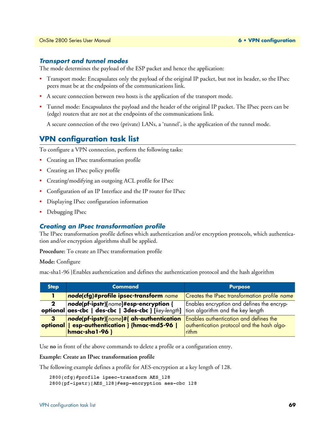 Patton electronic 2800 VPN configuration task list, Transport and tunnel modes, Creating an IPsec transformation profile 