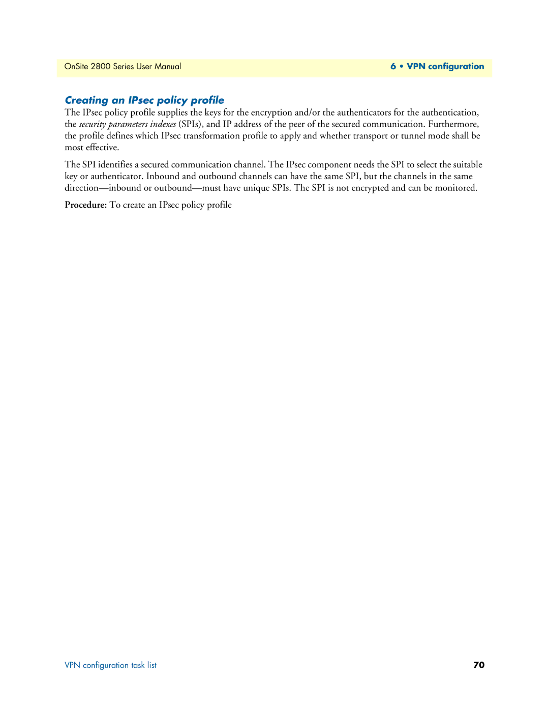 Patton electronic 2800 user manual Creating an IPsec policy profile, Procedure To create an IPsec policy profile 