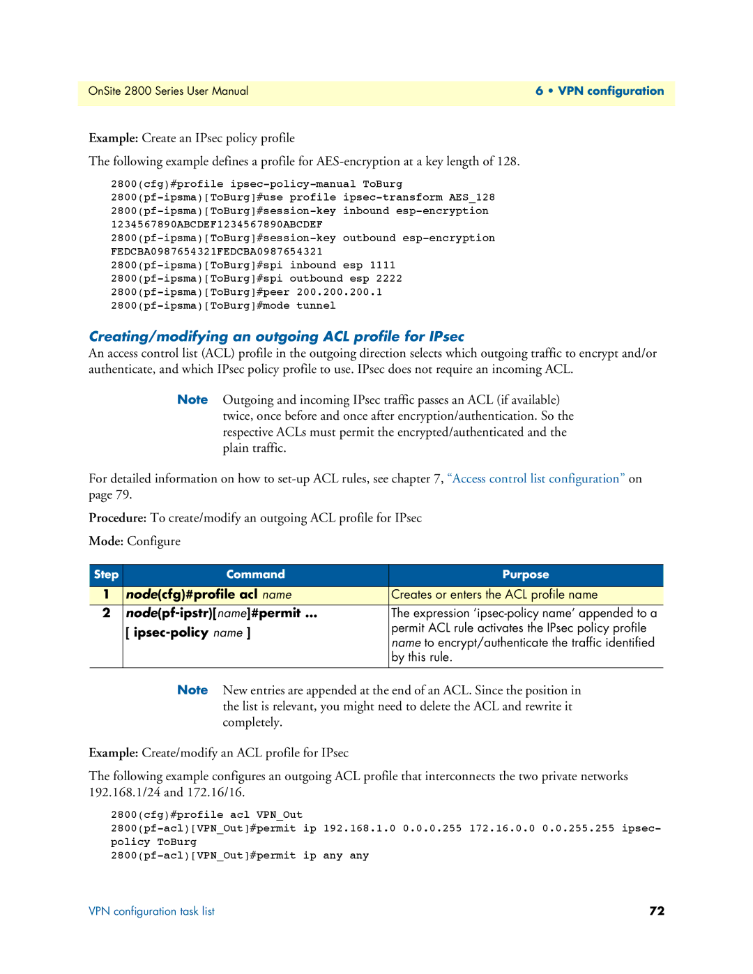 Patton electronic 2800 user manual Creating/modifying an outgoing ACL profile for IPsec 