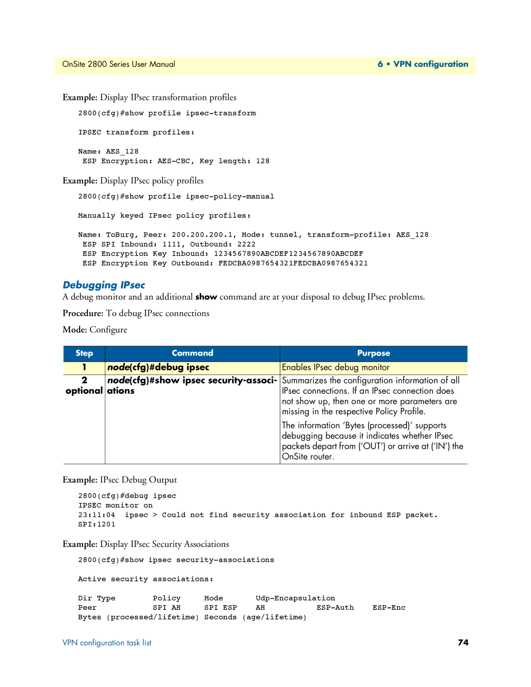 Patton electronic 2800 user manual Example Display IPsec transformation profiles, Example Display IPsec policy profiles 