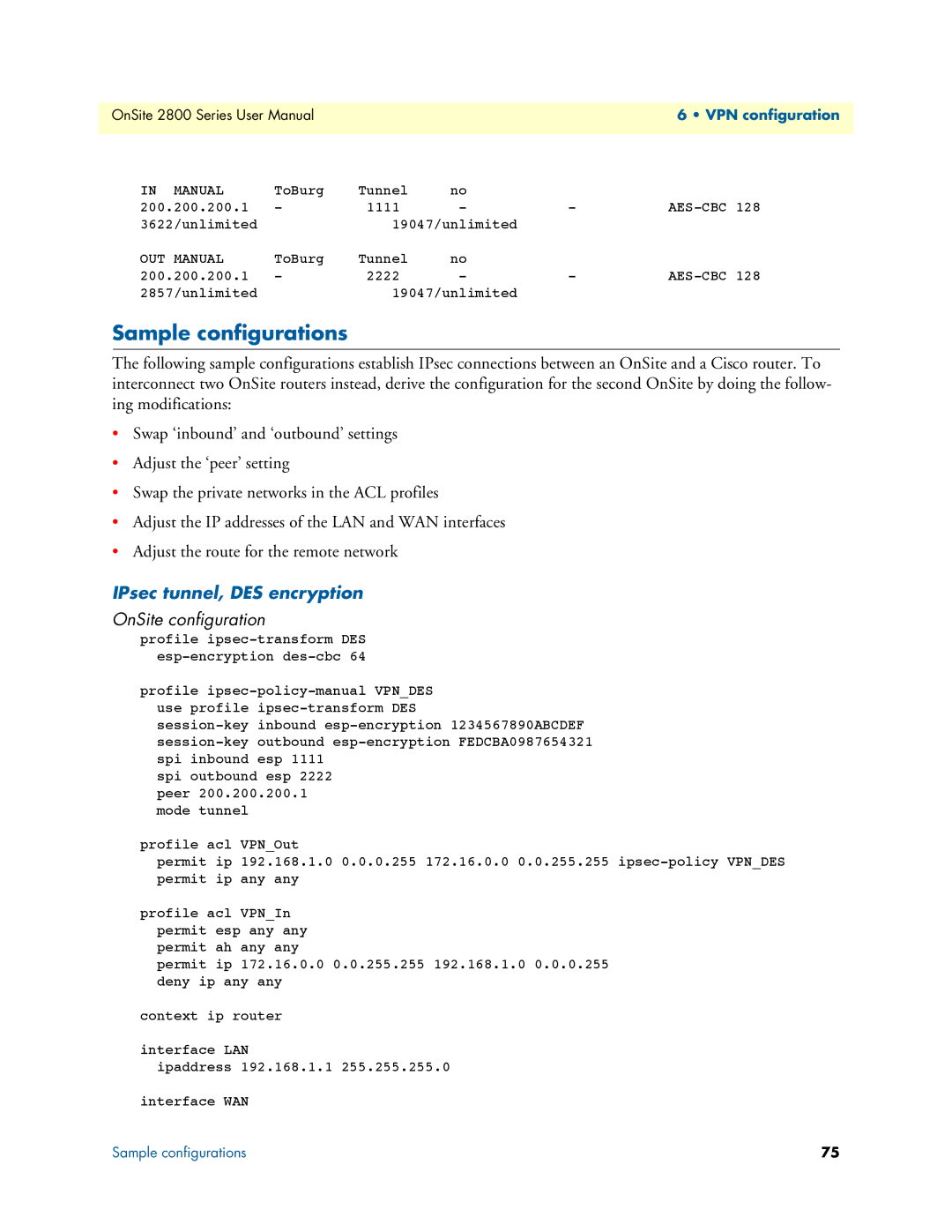 Patton electronic 2800 user manual Sample configurations, IPsec tunnel, DES encryption, OnSite configuration 