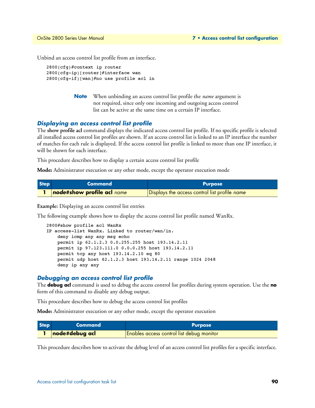 Patton electronic 2800 Unbind an access control list profile from an interface, Displaying an access control list profile 