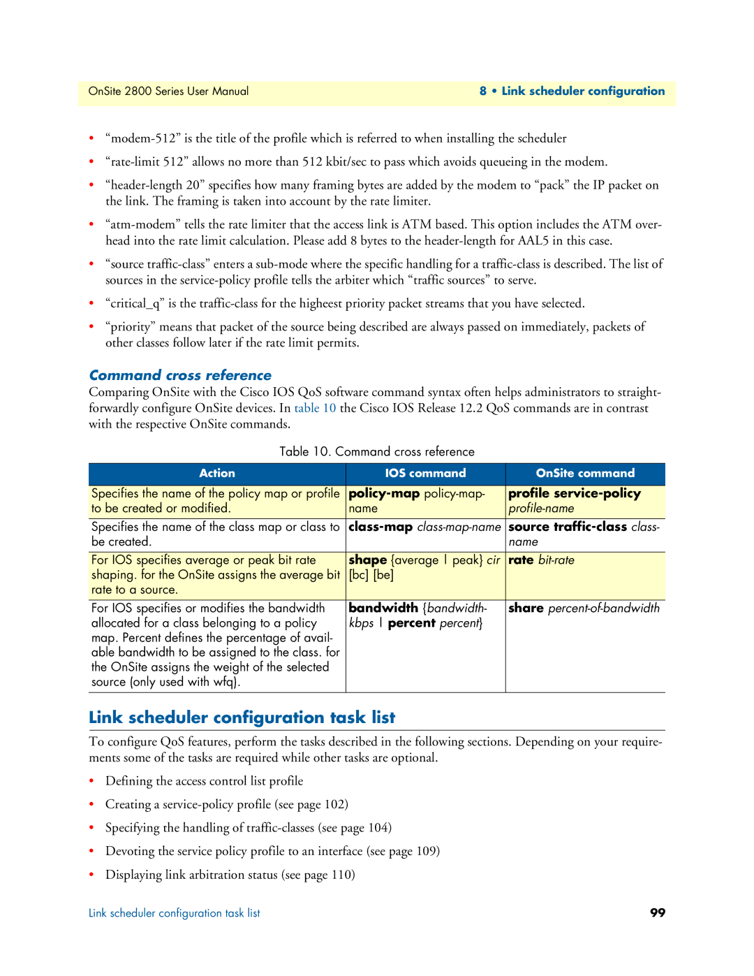 Patton electronic 2800 user manual Link scheduler configuration task list, Command cross reference 