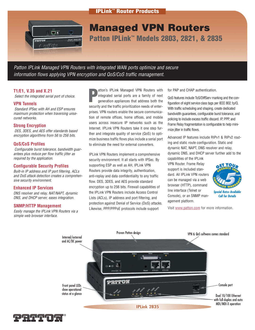 Patton electronic 2835, 2803 manual T1/E1, V.35, VPN Tunnels, Strong Encryption, QoS/CoS Profiles, Enhanced IP Services 