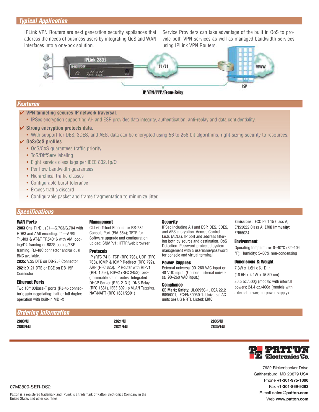 Patton electronic 2821, 2803, 2835 manual Typical Application, Features, Specifications, Ordering Information 