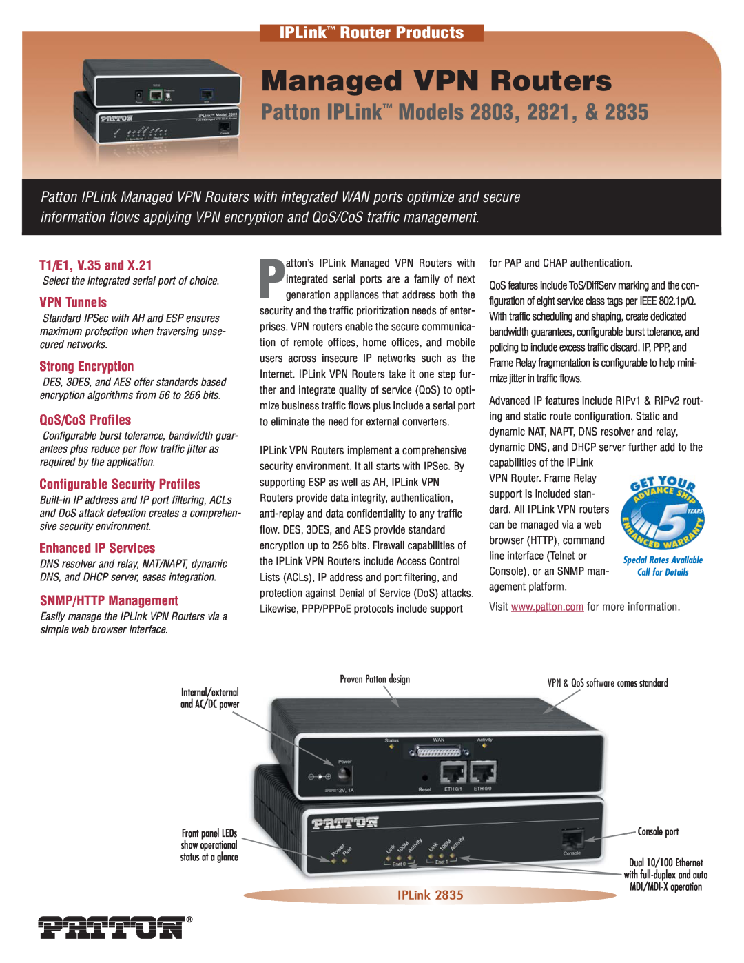 Patton electronic 2835 manual to eliminate the need for external converters, Proven Patton design, Managed VPN Routers 
