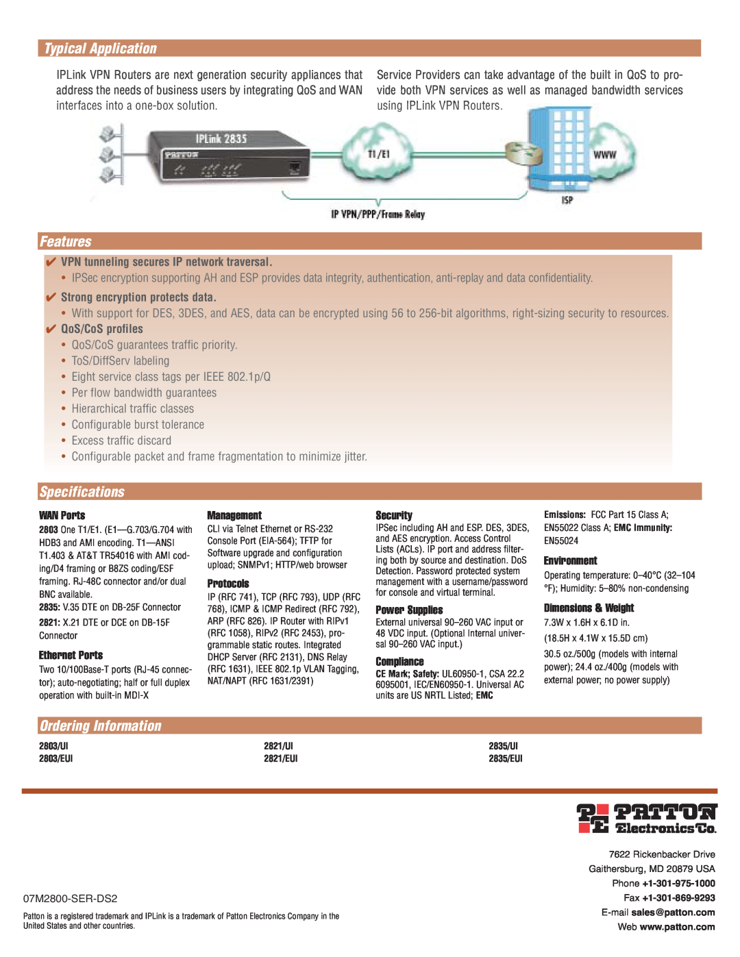 Patton electronic 2821 07M2800-SER-DS2, Typical Application, Features, Specifications, Ordering Information, WAN Ports 