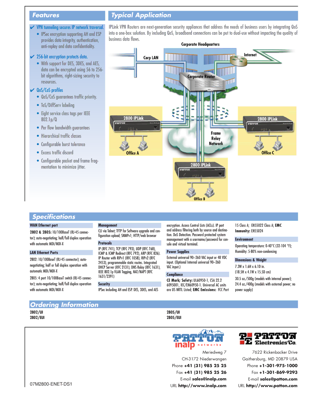 Patton electronic 2805, 2802 manual Features Typical Application, Specifications, Ordering Information 