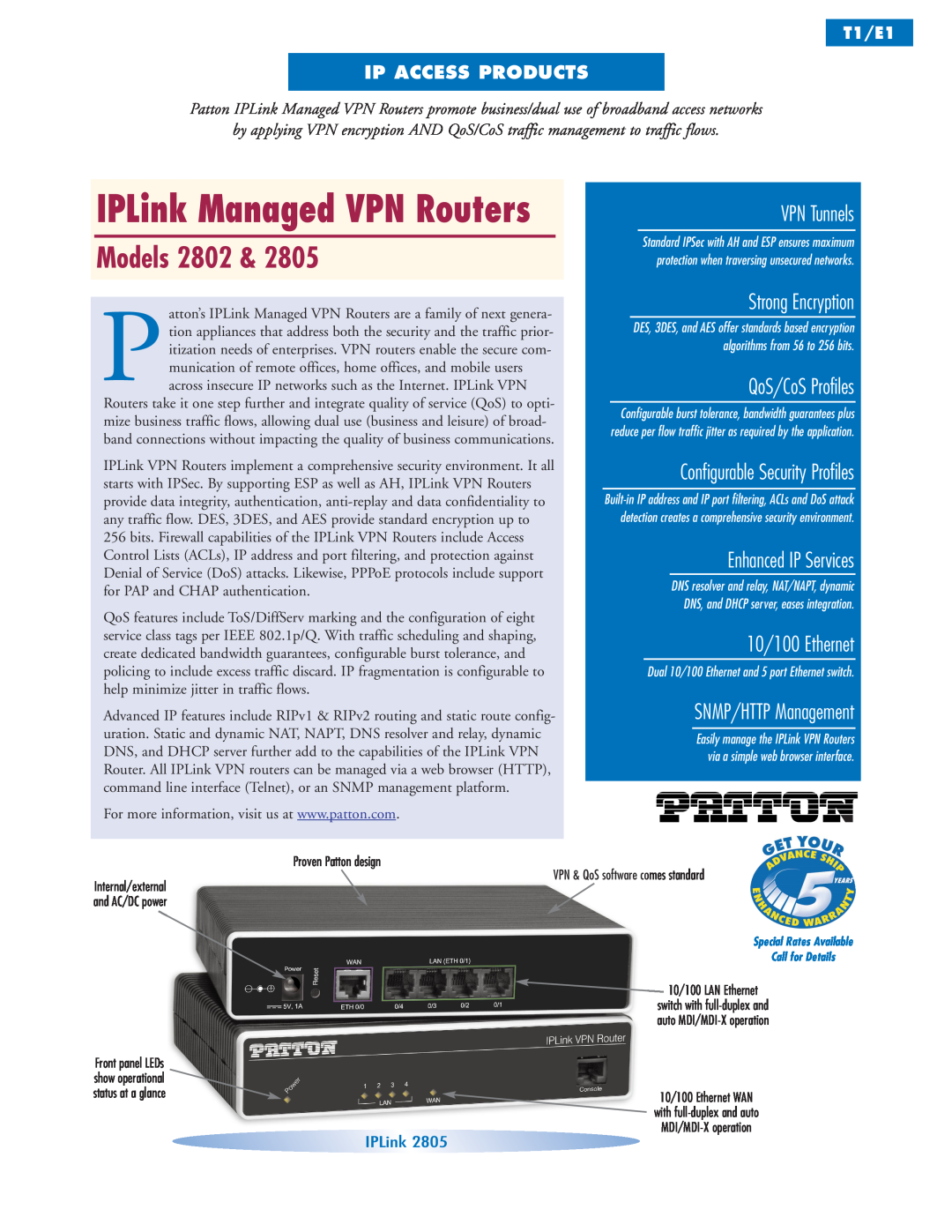 Patton electronic manual IPLink Managed VPN Routers, Models 2802, VPN Tunnels, Strong Encryption, QoS/CoS Profiles 