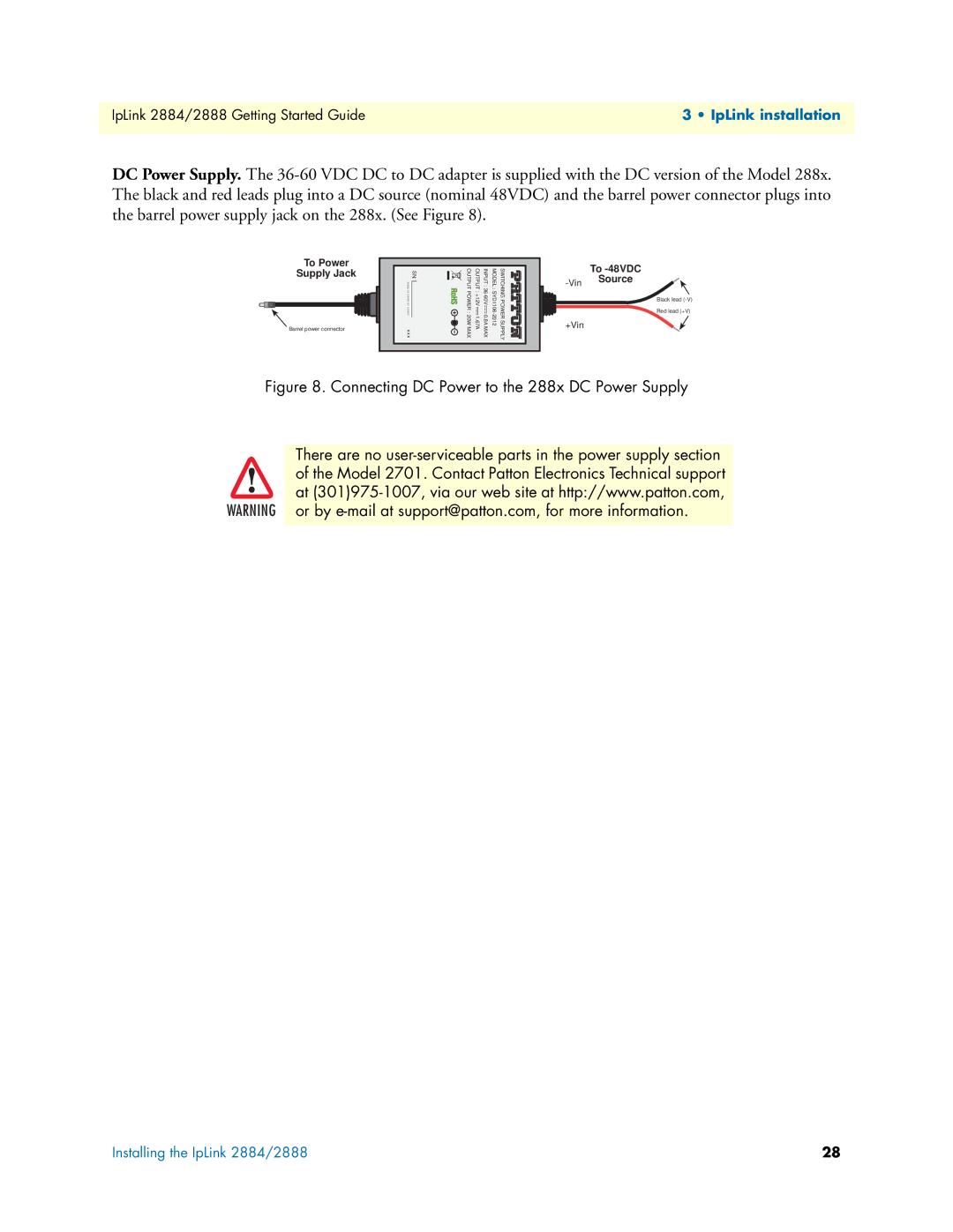 Patton electronic 2884 manual Connecting DC Power to the 288x DC Power Supply 