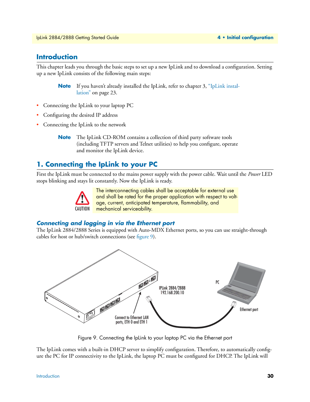 Patton electronic 2884 Introduction, Connecting the IpLink to your PC, Connecting and logging in via the Ethernet port 