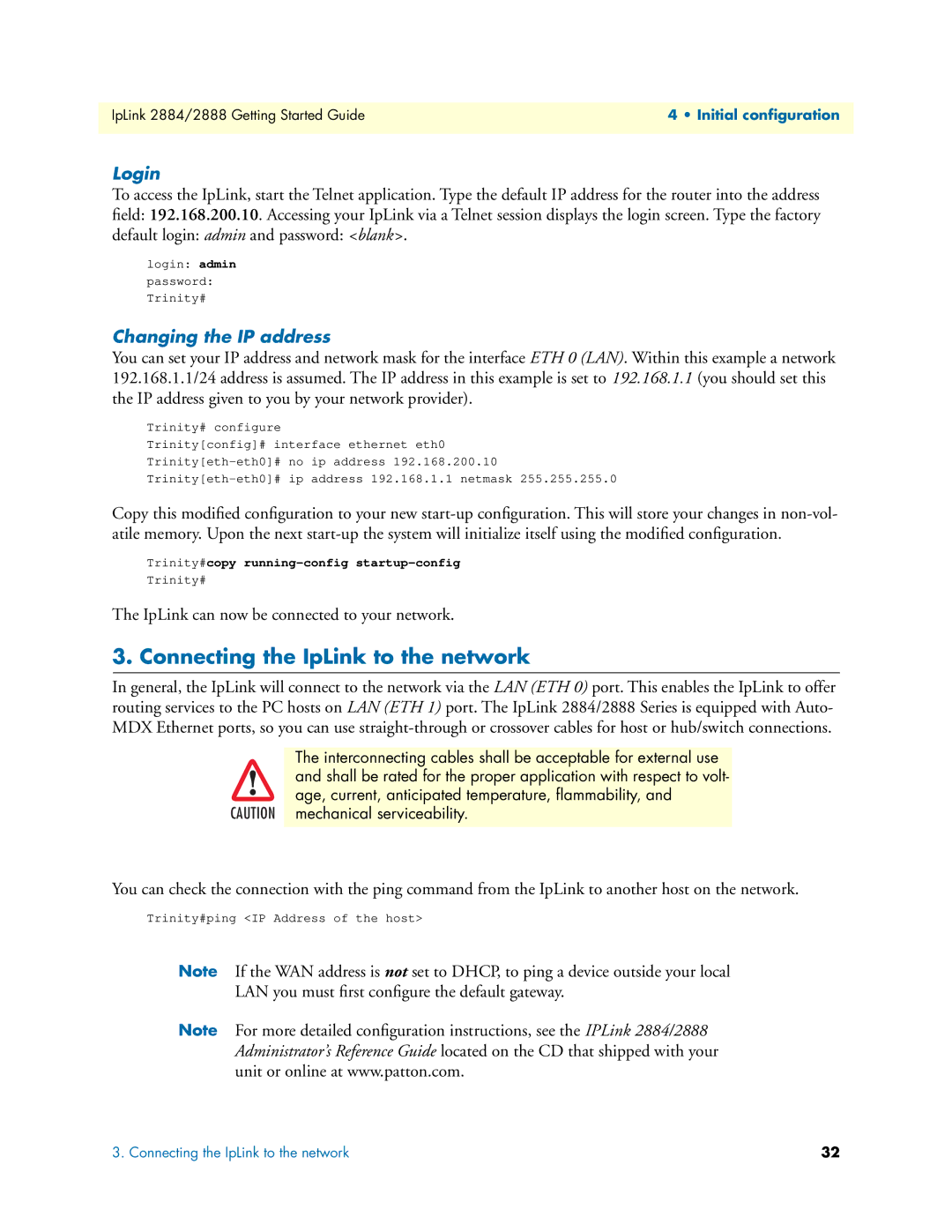 Patton electronic 2884 manual Connecting the IpLink to the network, Login, Changing the IP address 