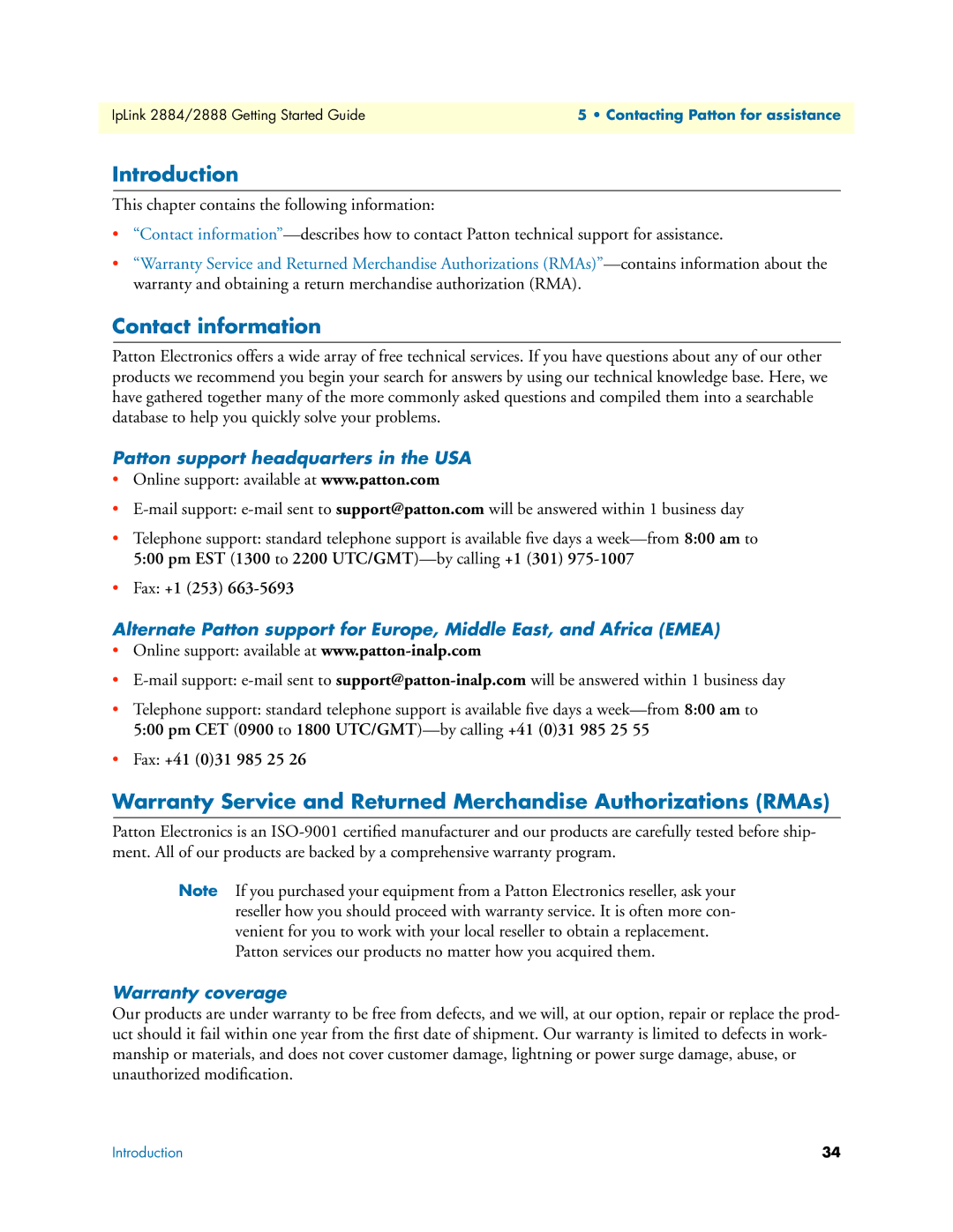 Patton electronic 2884 manual Contact information, Patton support headquarters in the USA, Warranty coverage 