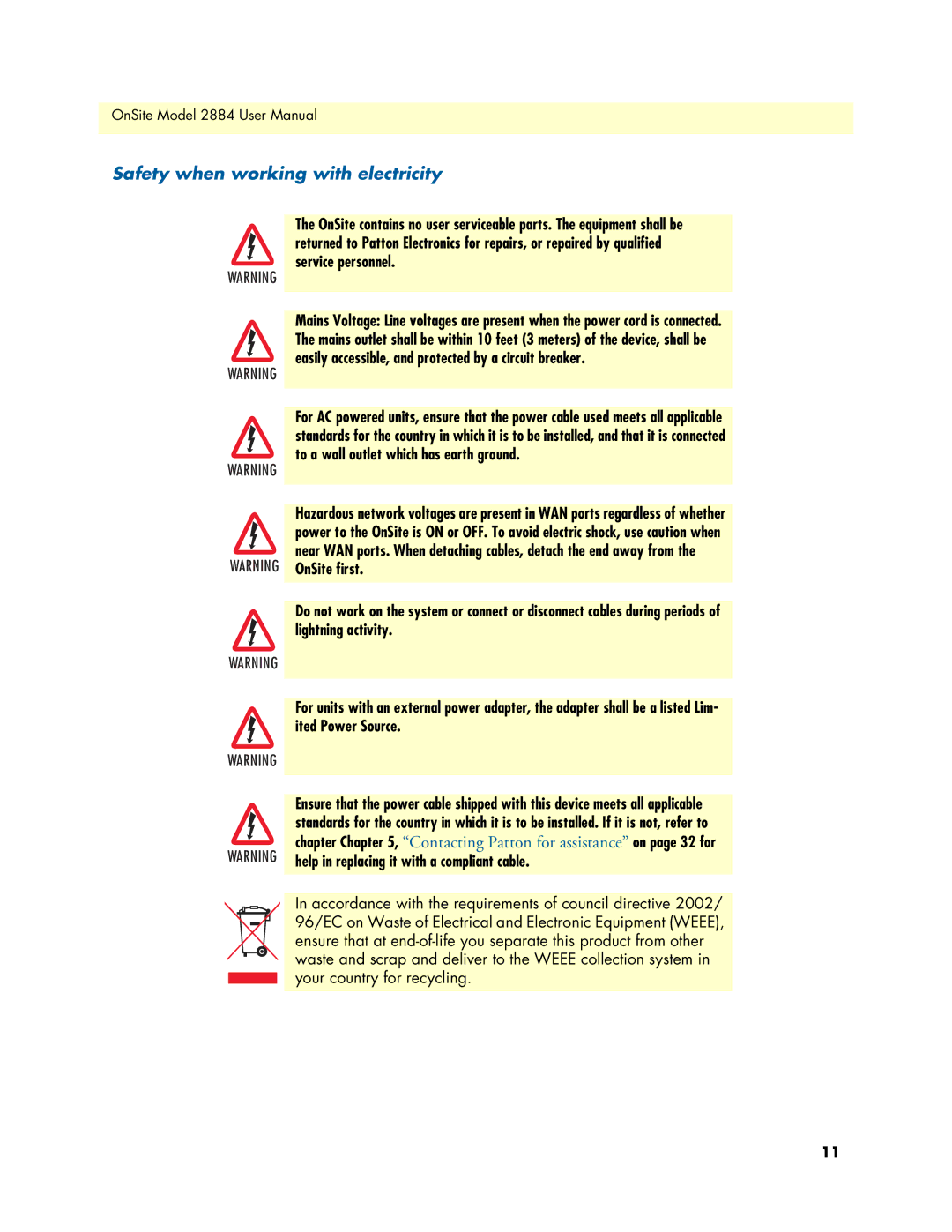 Patton electronic 2884 user manual Safety when working with electricity 