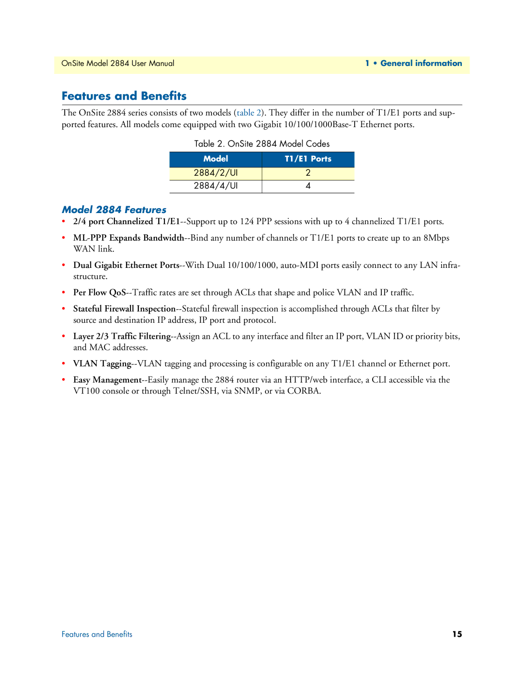 Patton electronic user manual Features and Benefits, Model 2884 Features 