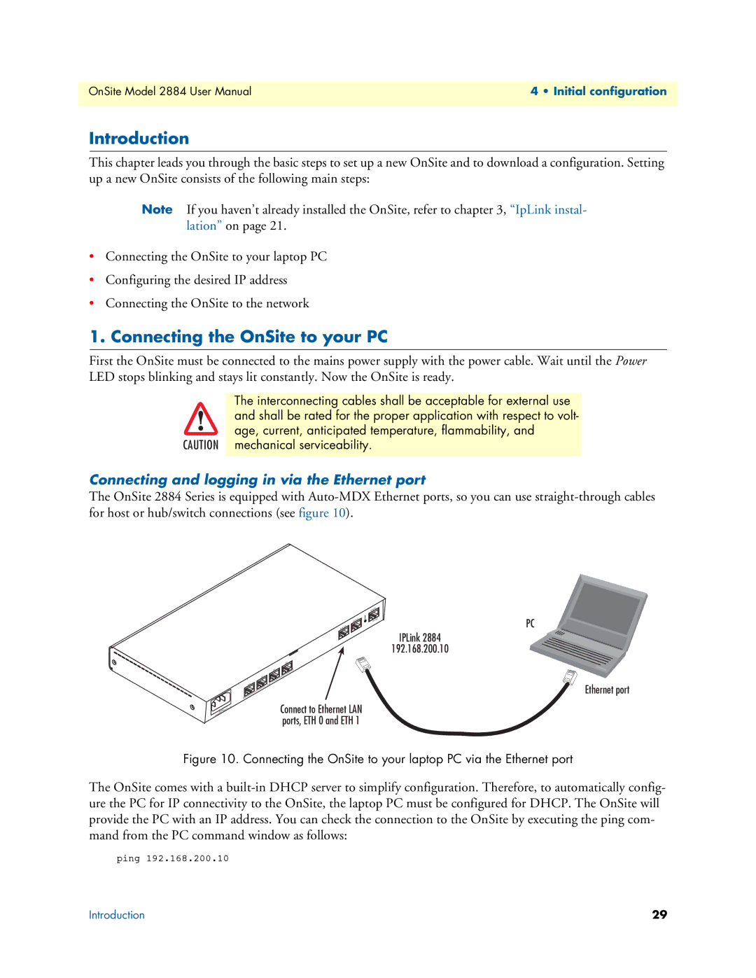 Patton electronic 2884 Introduction, Connecting the OnSite to your PC, Connecting and logging in via the Ethernet port 