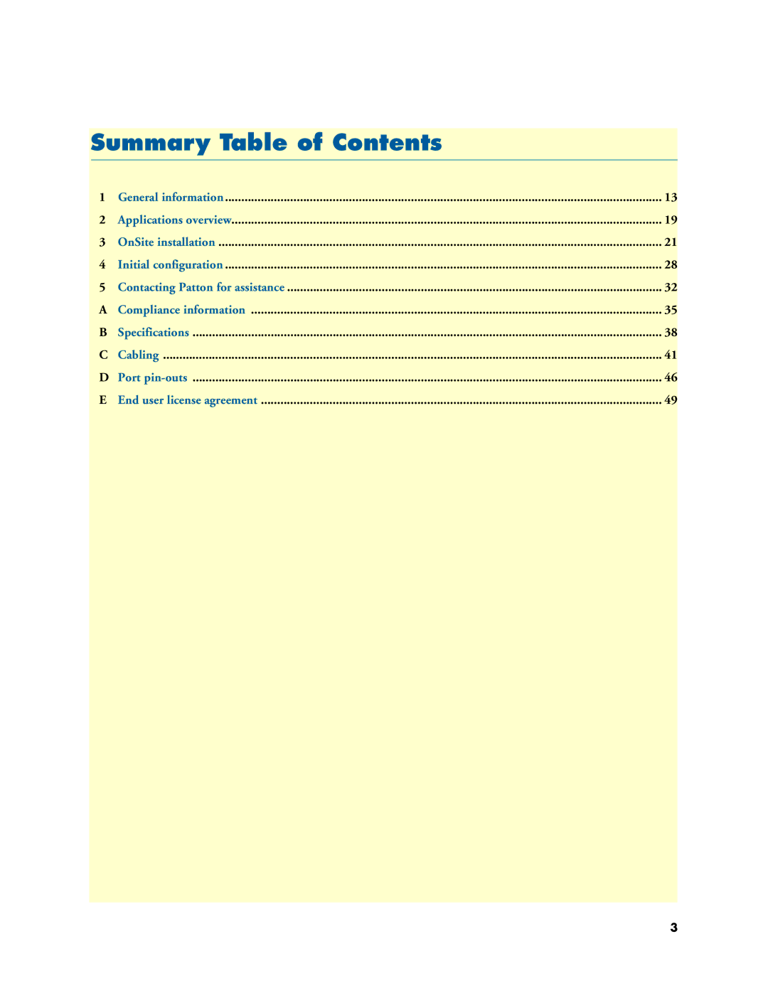 Patton electronic 2884 user manual Summary Table of Contents 