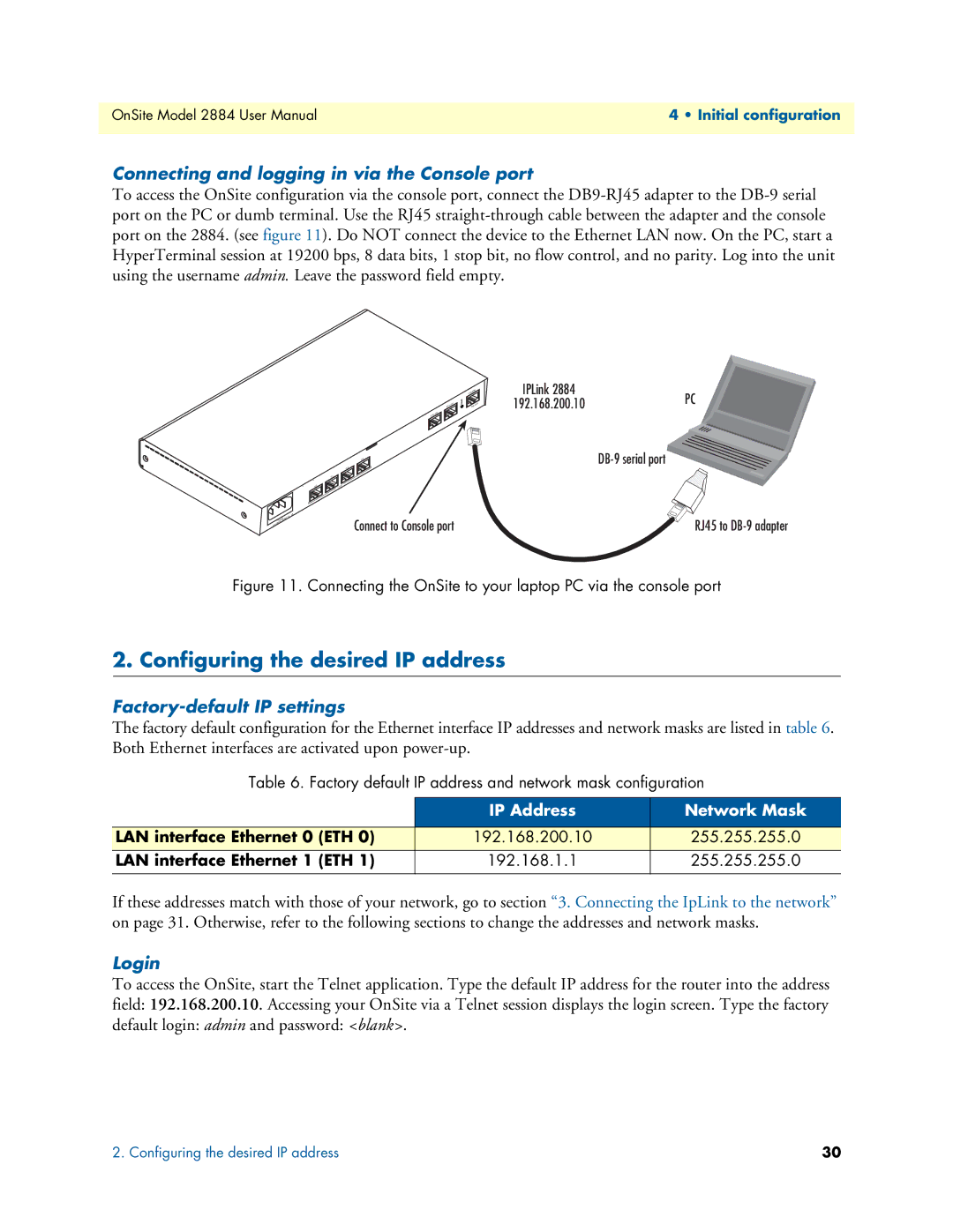 Patton electronic 2884 Configuring the desired IP address, Connecting and logging in via the Console port, Login 